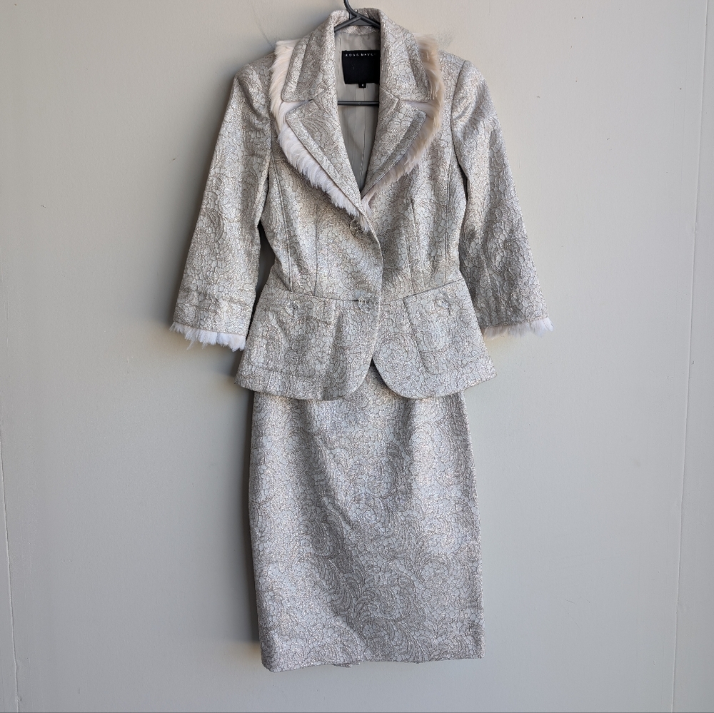 Ross Mayer gold/silver couture two piece suit skirt set With Feather Trim